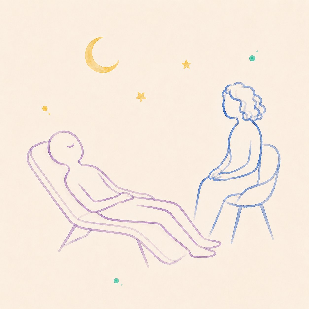 進入催眠插畫:個案安穩躺在躺椅上,里歐在旁陪伴,上方有月亮與星星